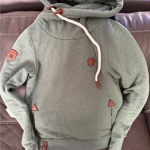 Naketano Green Warm Hoodie with Brown Leather Accents and Pockets